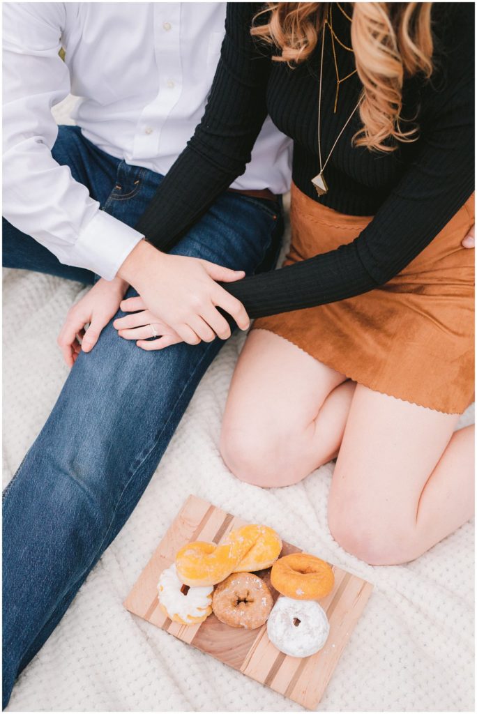 St Louis donut engagement photography with golden puppy
