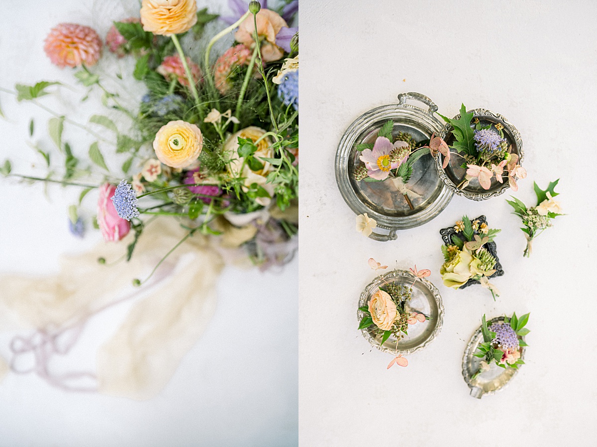 Bridal bouquet and boutonnier flatlay wedding styling by southern california wedding planner Bowties and Bouquets, captured by Pattengale Photography